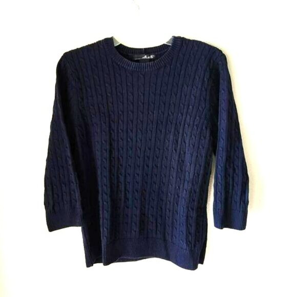 WILLI SMITH Dark Blue Navy Cable Knit Sweater Women Sz L Preppy 100% Cotton - Picture 1 of 8